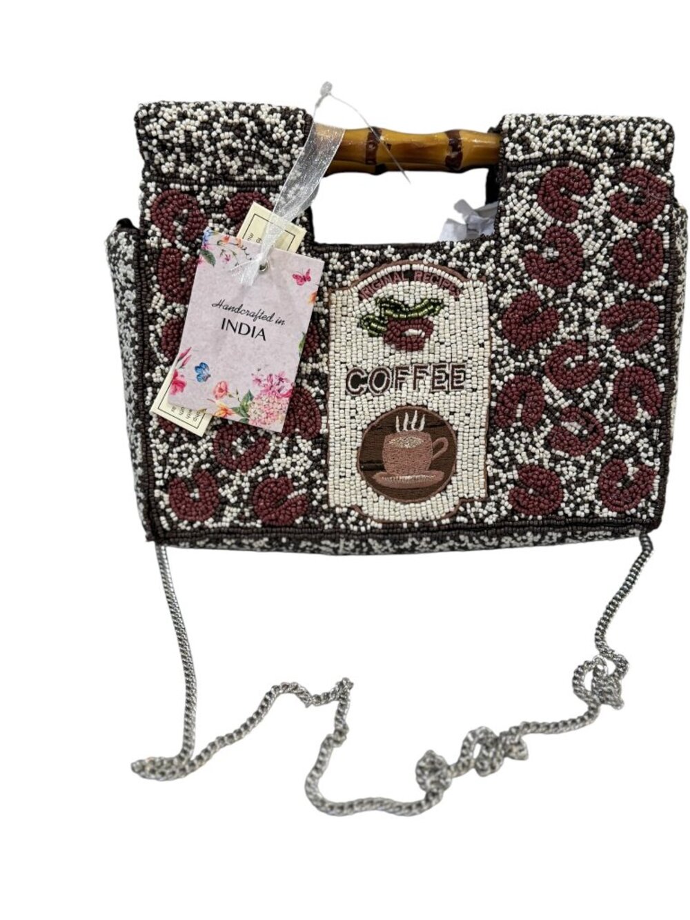 Handcrafted in India Beaded Coffee Crossbody Clutch Bag NWT